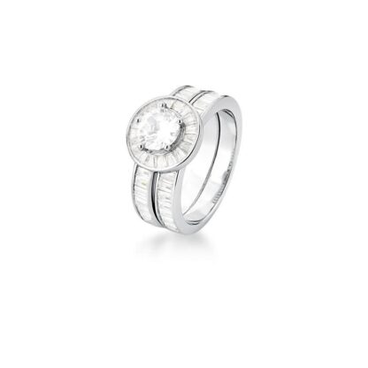 Anillo Redondo de Doble Cristal con Circonitas Baguette en Plata Rodiada