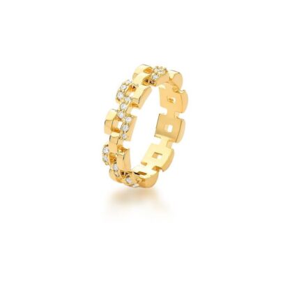 Anillo con Eslabones Cuadrados Lisos y Tachuelas Bañado en Oro