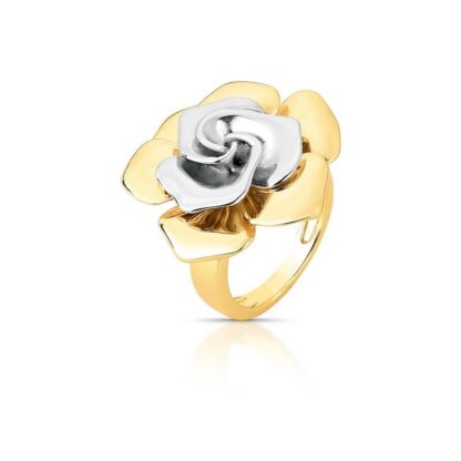 Anillo flor texturizado y calado, liso y curvado, bañado en dos tonos