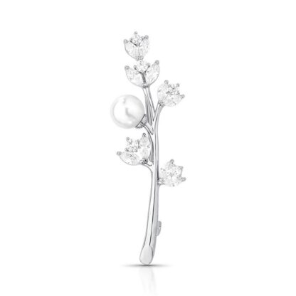 Broche de Flor con Cristal y Perla de Concha Bañado en Rodio