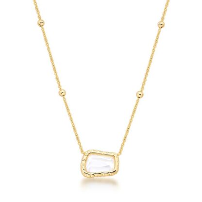Collar de malla portuguesa con esferas lisas y cristal blanco bañado en oro