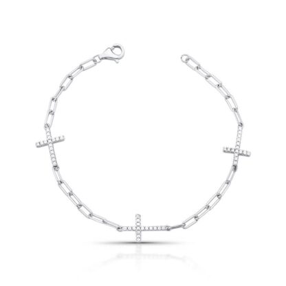 Pulsera de Eslabones Rectangulares con Cruz y Circonitas Blancas en Plata 925 con Baño de Rodio
