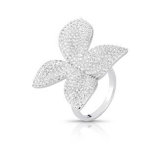 Anillo curvo grande de flor con circonitas en rodio