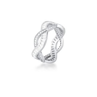 Anillo pequeño infinito con circonitas y piedra baguette en rodio