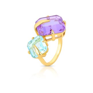 Anillo mediano con 2 piedras cuadradas en forma de diamante chapado en oro