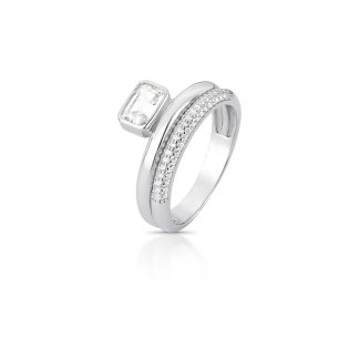Anillo Pequeño Rectangular con Circonitas Doble Fila Bañado en Rodio