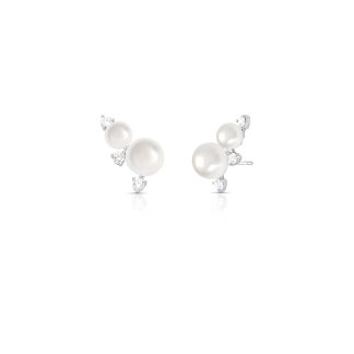 Pendiente tipo ear cuff con piedras y perla de agua dulce – Plata elegante y moderna