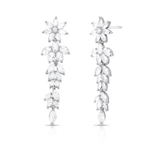 Pendiente largo con piedra navete y flor ovalada en rodio