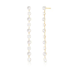Pendiente largo con piedra y perla sintética bañado en oro