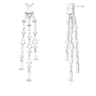 Pendiente largo con piedra redonda rectangular y 3 colgantes en rodio