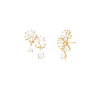 Pendiente mediano con piedras en forma de gota y flores bañadas en oro