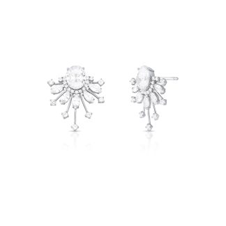 Pendiente mediano con piedra ovalada y circonitas en rodio