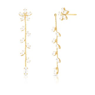 Pendientes Ear Jacket 2 en 1 con Piedra Navette, Flor y Hoja Chapados en Oro